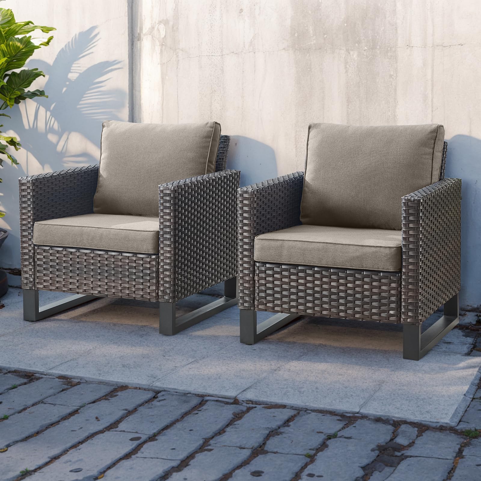 HUMMUH Patio Chairs Set of 2 PE Wicker Outdoor Dining Chairs High Back Deep Seating Porch Chairs with 4inch Seat Cushions