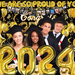 231PCS Graduation Decorations Class Of 2024, 2024 Graduation Party Decorations for High School College With Backdrop balloons Paper Plate Cup Napkin Cutlery Tablecloth Balloon Garland (Black and Gold)