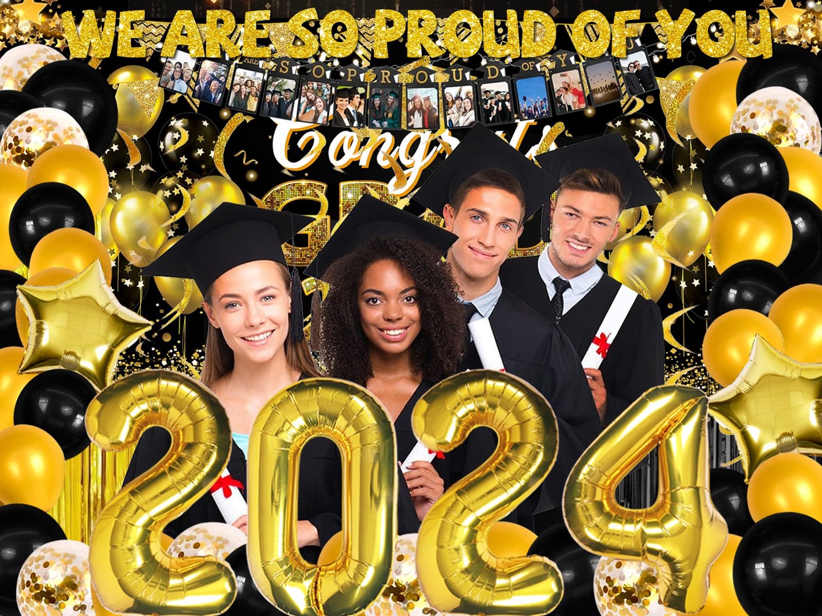 231PCS Graduation Decorations Class Of 2024, 2024 Graduation Party Decorations for High School College With Backdrop balloons Paper Plate Cup Napkin Cutlery Tablecloth Balloon Garland (Black and Gold)