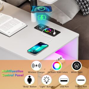 Gurexl 360° LED Nightstand with Wireless Charging Station, Movable Adjustable Bedside Table with Laptop Tray, Auto Sensor Night Stand with 24 Color Dimmable