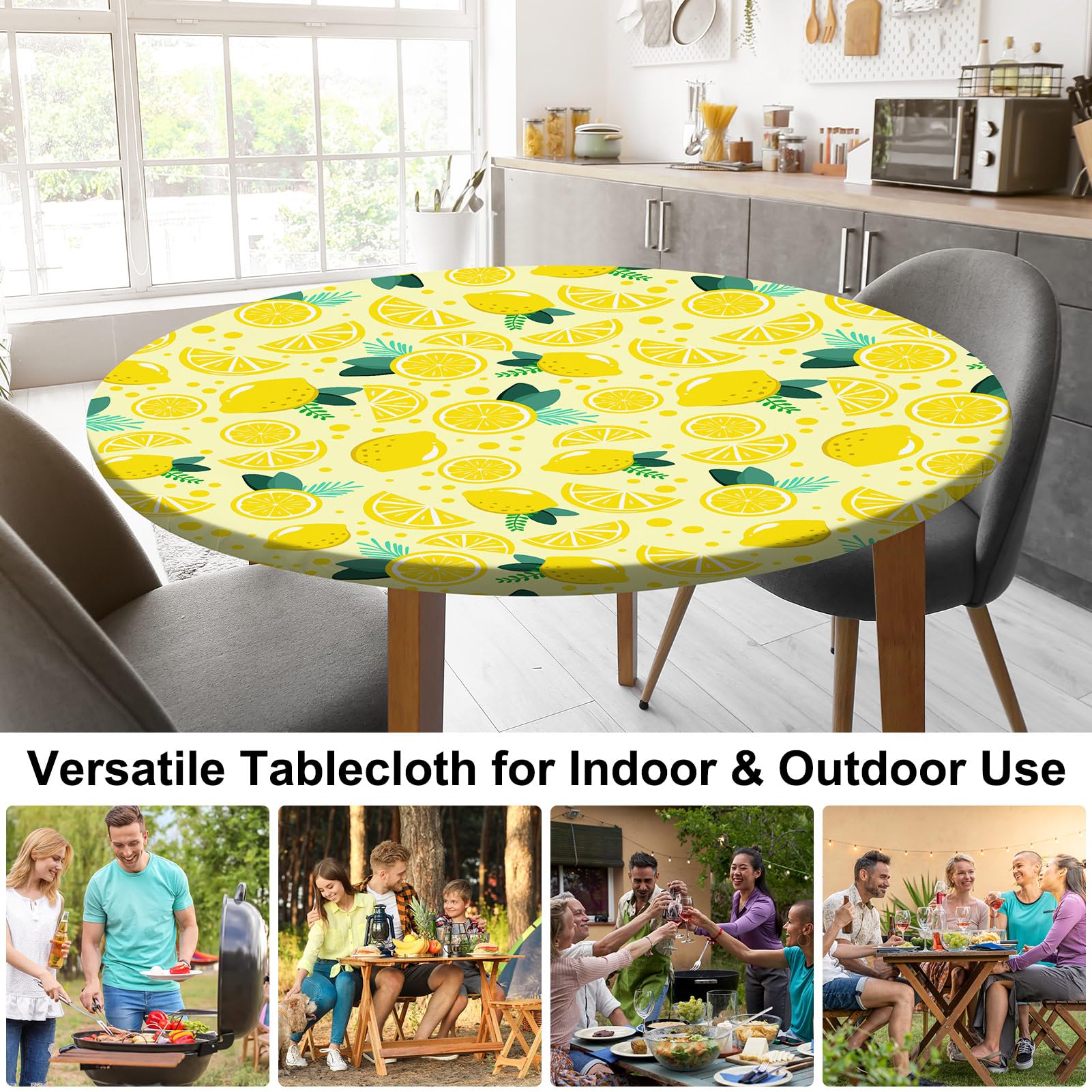 MHJY Round Tablecloth Fitted Elastic Table Cover Waterproof Table Cloth for Dinner, Party, Picnic,Camping, Round Table Cover for Indoor Outdoor,Yellow,S (36"-44")