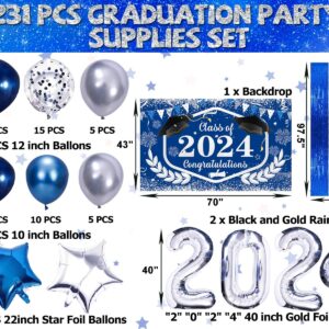 Graduation Decorations Class Of 2024, 231PCS Party Decorations, Graduation Decorations with Backdrop balloons Paper Plate Cup Napkin Cutlery Tablecloth Balloon Garland (Blue and Silver)