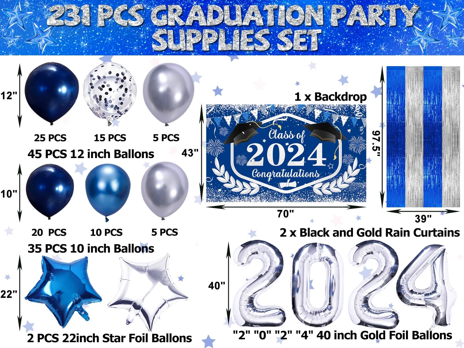 Graduation Decorations Class Of 2024, 231PCS Party Decorations, Graduation Decorations with Backdrop balloons Paper Plate Cup Napkin Cutlery Tablecloth Balloon Garland (Blue and Silver)