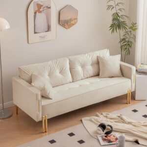 mikibama modern velvet loveseat sofa, 70" luxury 3 seater couch with 2 pillows, comfy upholstered sofa couches for living room, bedroom, apartment, small space(beige)