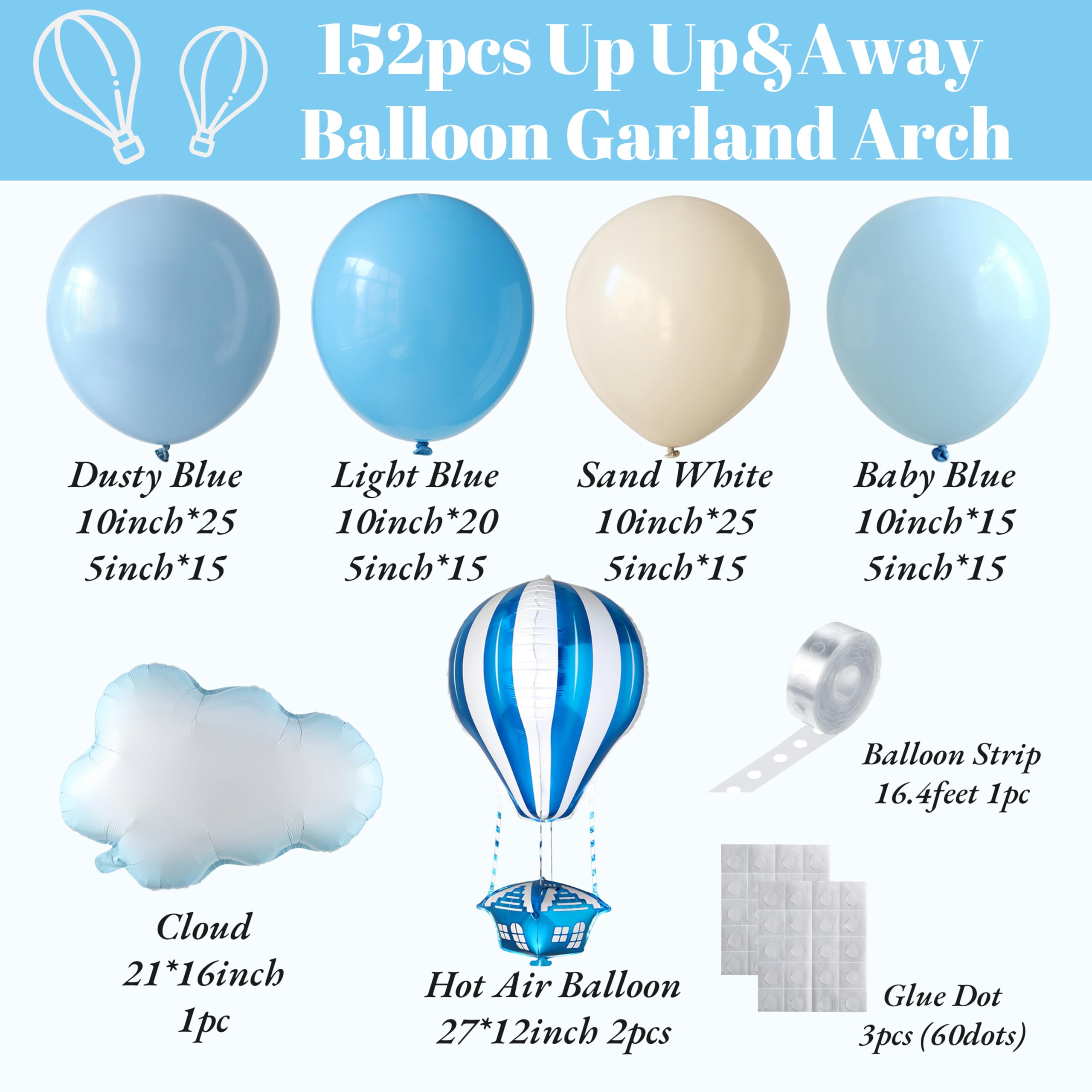 Enanal Up Up and Away Balloon Garland Arch Kit, 152pcs Dusty Slate Fog Baby Blue and Sand White Balloons with Hot Air Balloon and Cloud Foil Balloons for Baby Shower Decoration Teddy Themed Party