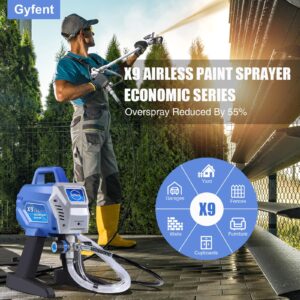 Gyfent X9 Airless Paint Sprayer, 0.39GPM Paint Sprayer for Home Interior 650W 3000psi Airless Sprayer with Low Overspray Adjustable Pressure & Motor Speed for House Painting DIY Garage