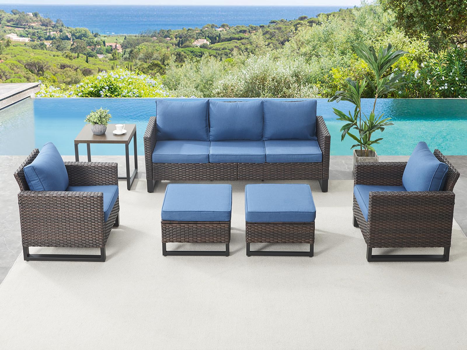 HUMMUH 6 Piece Patio Furniture Outdoor Sectional Sofa Set All-Weather Wicker Outdoor Chairs with End Table Ottomans for Patio,Porch,Garden,Backyard