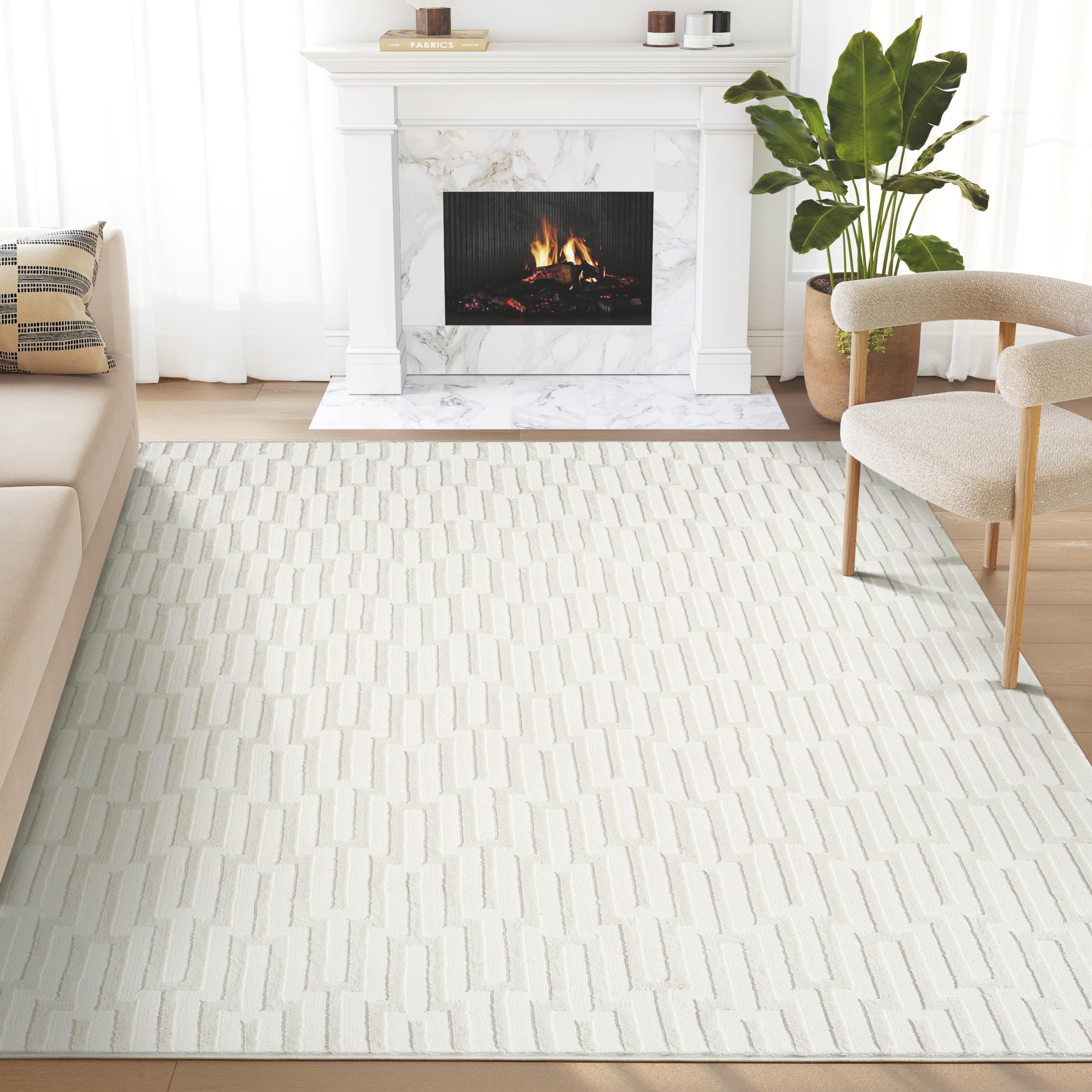 Abani Cream Area Rug for Living Room, Bedroom -Geometric Pattern - 8 x10 -Durable & Easy to Clean