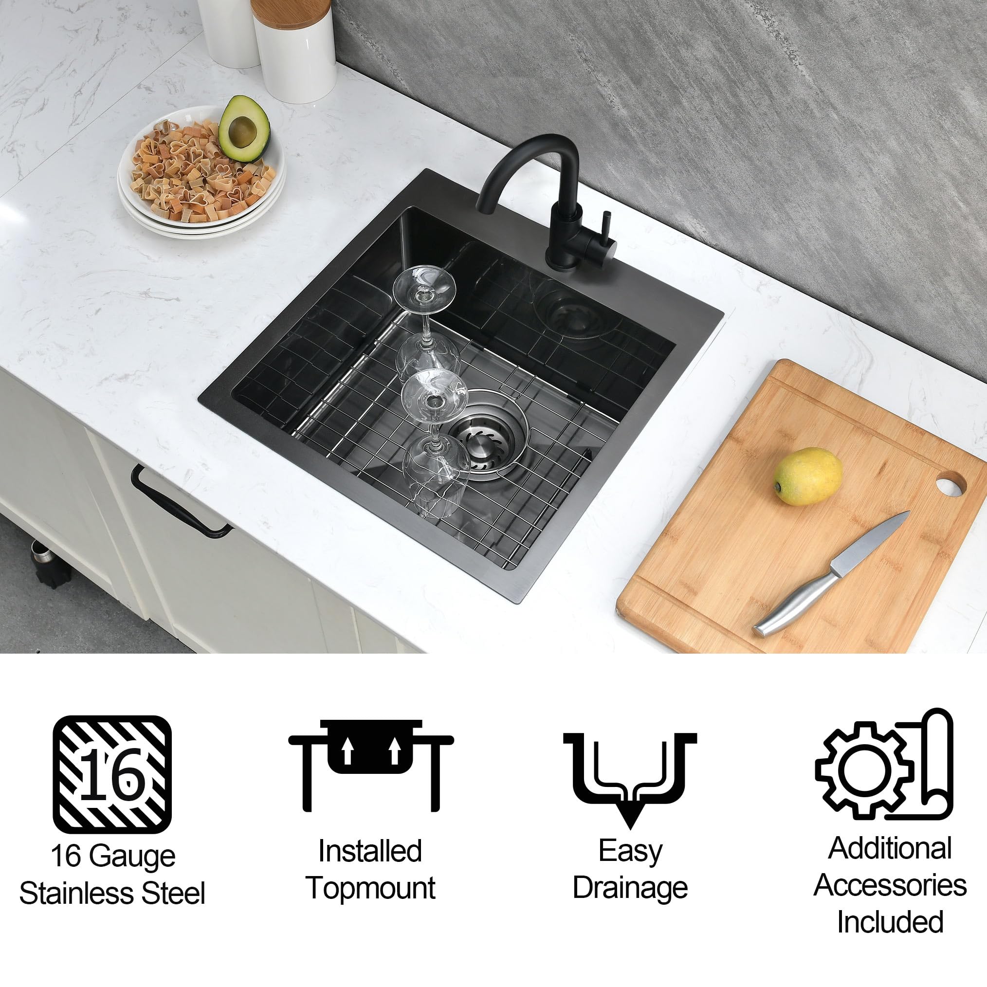 16 Inch Black Bar Sink with Faucet, 16 x 18 x 10 Inch Drop In Black Kitchen Bar Sink Gunmetal Topmount Small Kitchen Sink 16 Gauge Stainless Steel Single Bowl Sink Bar Prep Sink Outdoor Sink