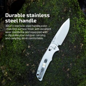 OKNIFE Rubato 3 Stainless Steel Pocket Knife,2.96" Drop Point Blade,Steel Handle with Clip,Thumb Stud,Rail Lock (Silver