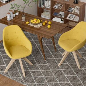 IKIFLY Modern Swivel Accent Chair, Upholstered Armchair Desk Chair No Wheels with Solid Wood Legs, Mid-Century Dining Chair for Dining Living Room Home Office (Yellow)