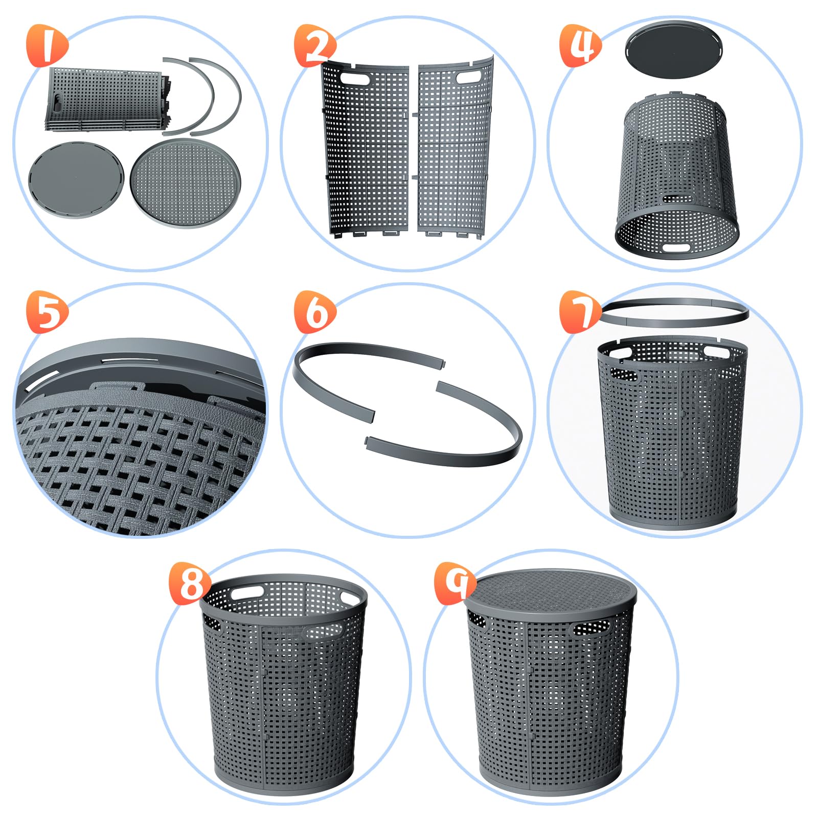 Qqbine 4 Packs 40 Liter Round Plastic Laundry Baskets, Grey Plastic Dirty Clothes Hampers with Lids