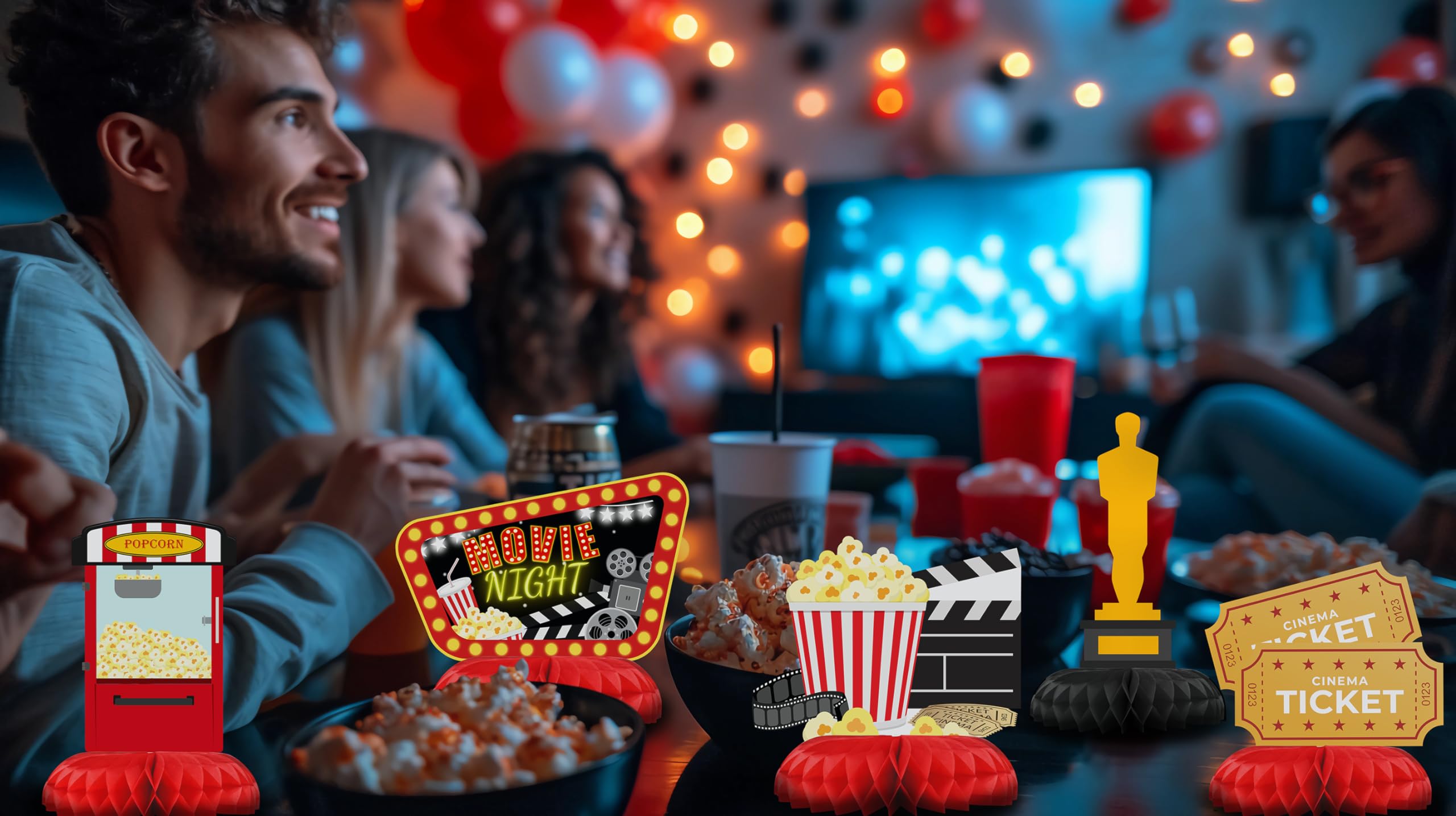 HaPiBiDesign Movie Night Party Decorations - Honeycomb Centerpieces for Movie Night Birthday Decor - Movie Night Table Decoration for Kids - Movie Night Theme Décor