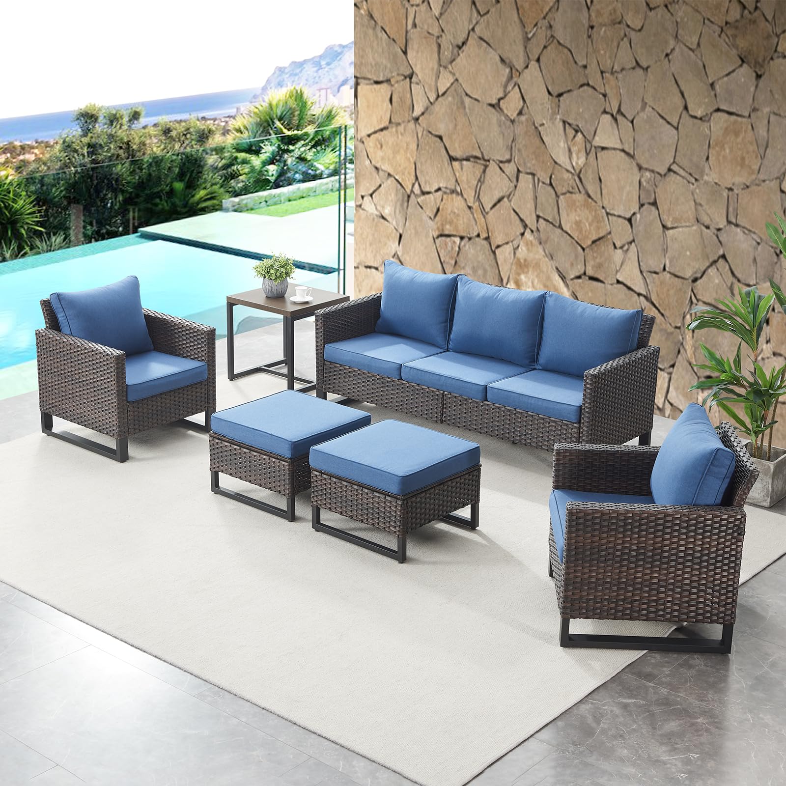 HUMMUH 6 Piece Patio Furniture Outdoor Sectional Sofa Set All-Weather Wicker Outdoor Chairs with End Table Ottomans for Patio,Porch,Garden,Backyard