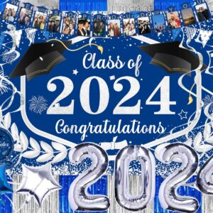 Graduation Decorations Class Of 2024, 231PCS Party Decorations, Graduation Decorations with Backdrop balloons Paper Plate Cup Napkin Cutlery Tablecloth Balloon Garland (Blue and Silver)