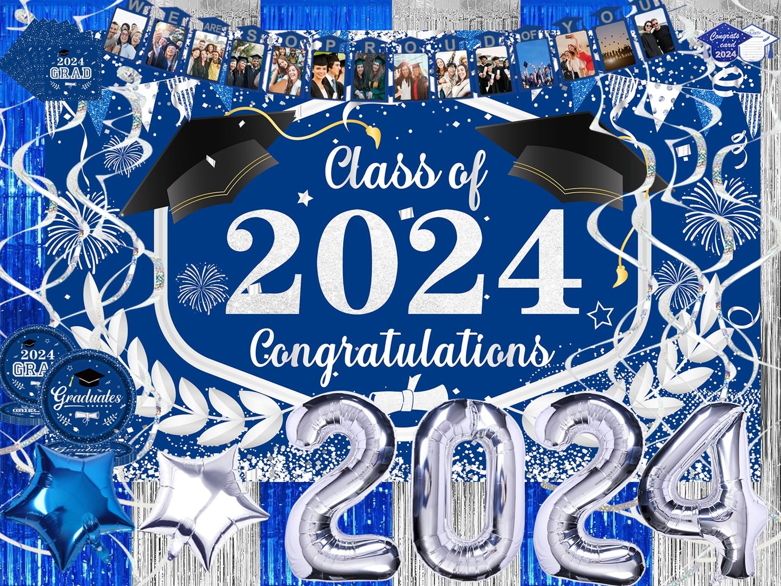 Graduation Decorations Class Of 2024, 231PCS Party Decorations, Graduation Decorations with Backdrop balloons Paper Plate Cup Napkin Cutlery Tablecloth Balloon Garland (Blue and Silver)