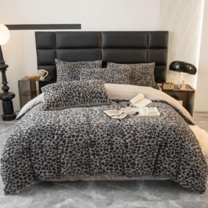 aetvrni luxury leopard print faux fur duvet cover set 4 pieces shaggy fluffy duvet cover set ultra soft crystal velvet duvet cover wild style,black,queen