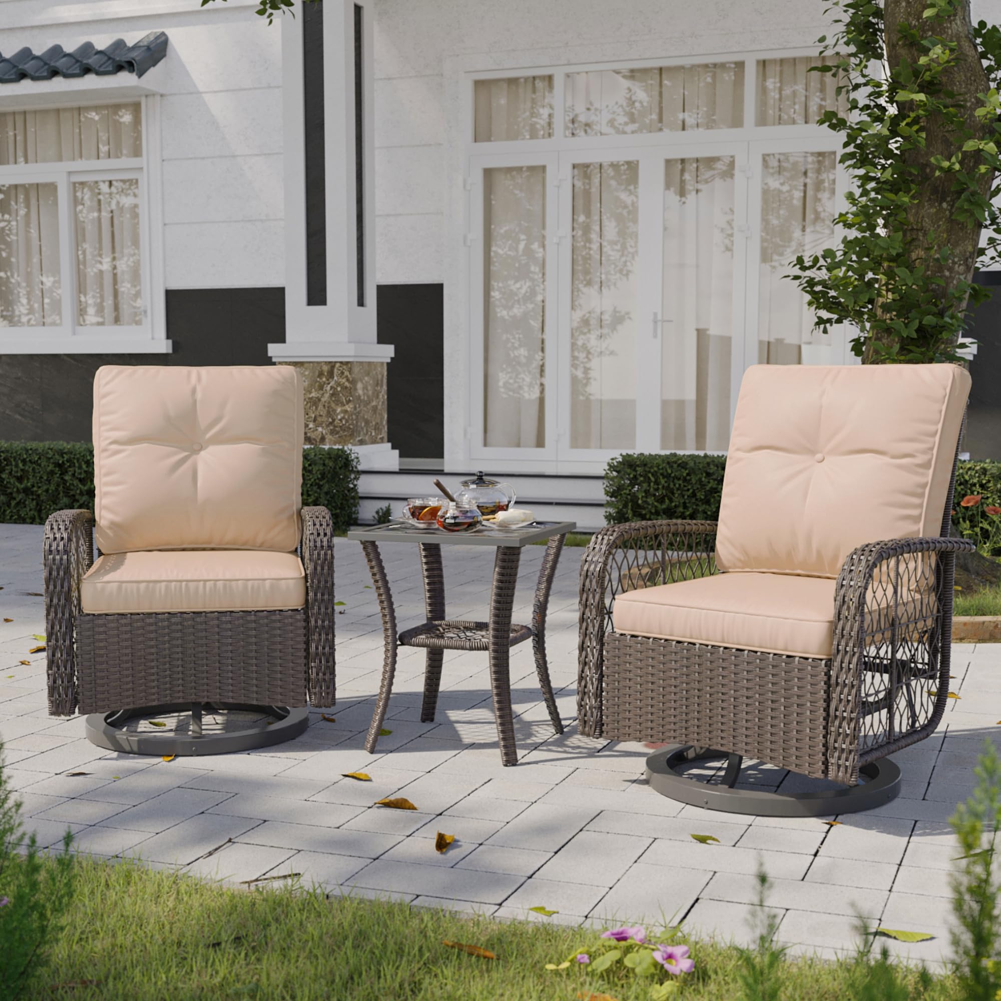 Aoxun 3 Pieces Outdoor Swivel Rocker Chair Set of 2 with Side Table Wicker Rattan Patio Furniture Set Outdoor Rocking Chair Set for Backyard, Balcony, Deck (3 Piece, Beige)