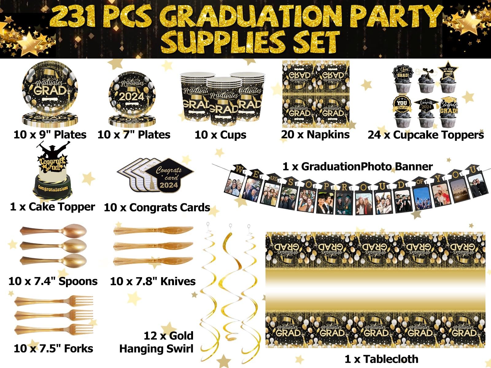 231PCS Graduation Decorations Class Of 2024, 2024 Graduation Party Decorations for High School College With Backdrop balloons Paper Plate Cup Napkin Cutlery Tablecloth Balloon Garland (Black and Gold)