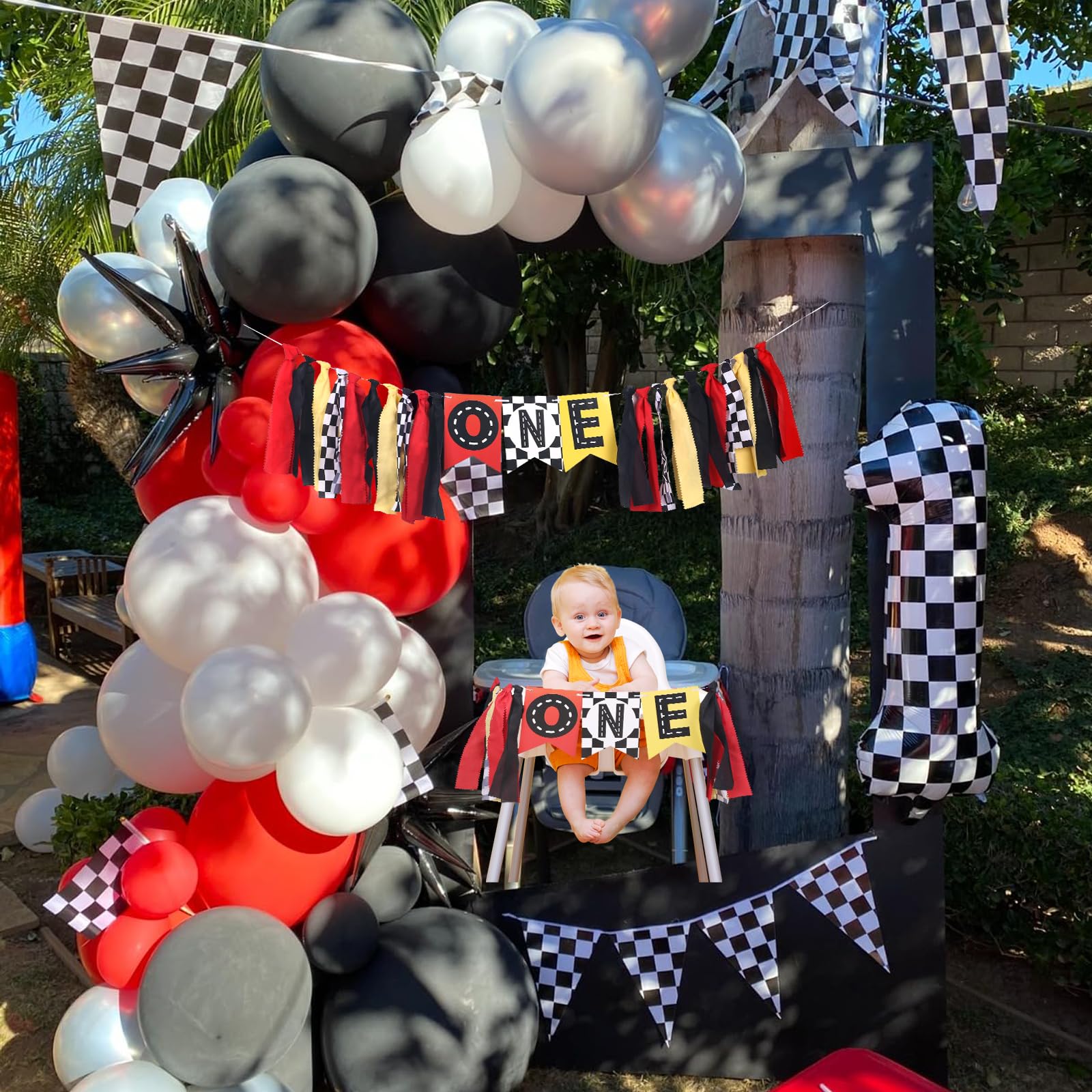 Pre-Strung Race Car Highchair Banner 1st Birthday Boy, Racetrack First Birthday ONE High Chair Banner Decorations, First Trip Around the Sun Party Decor Party Photo Props,Baby Shower Decoration