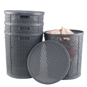 qqbine 4 packs 40 liter round plastic laundry baskets, grey plastic dirty clothes hampers with lids