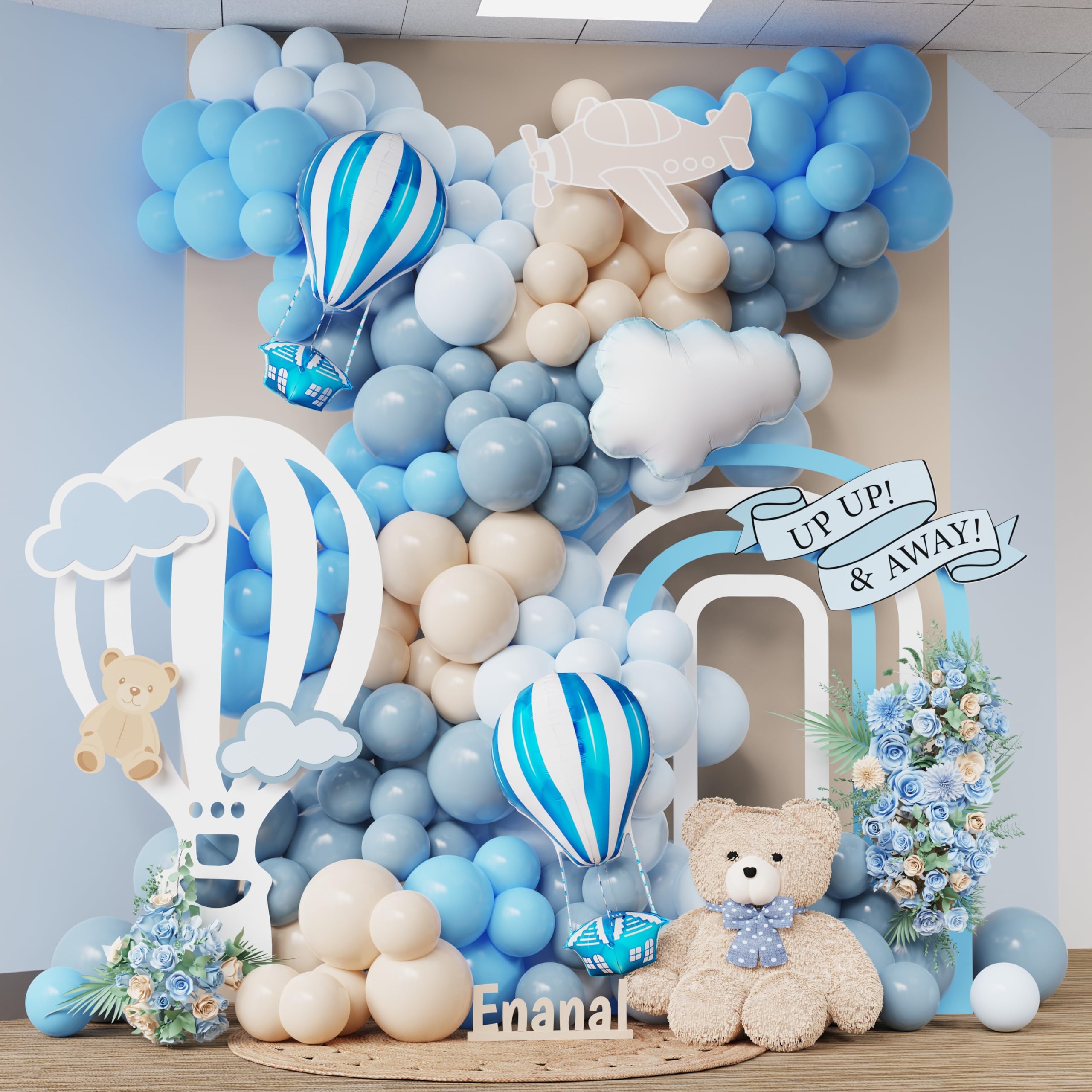 Enanal Up Up and Away Balloon Garland Arch Kit, 152pcs Dusty Slate Fog Baby Blue and Sand White Balloons with Hot Air Balloon and Cloud Foil Balloons for Baby Shower Decoration Teddy Themed Party