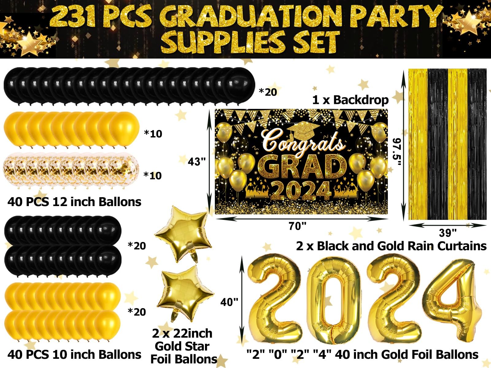 231PCS Graduation Decorations Class Of 2024, 2024 Graduation Party Decorations for High School College With Backdrop balloons Paper Plate Cup Napkin Cutlery Tablecloth Balloon Garland (Black and Gold)