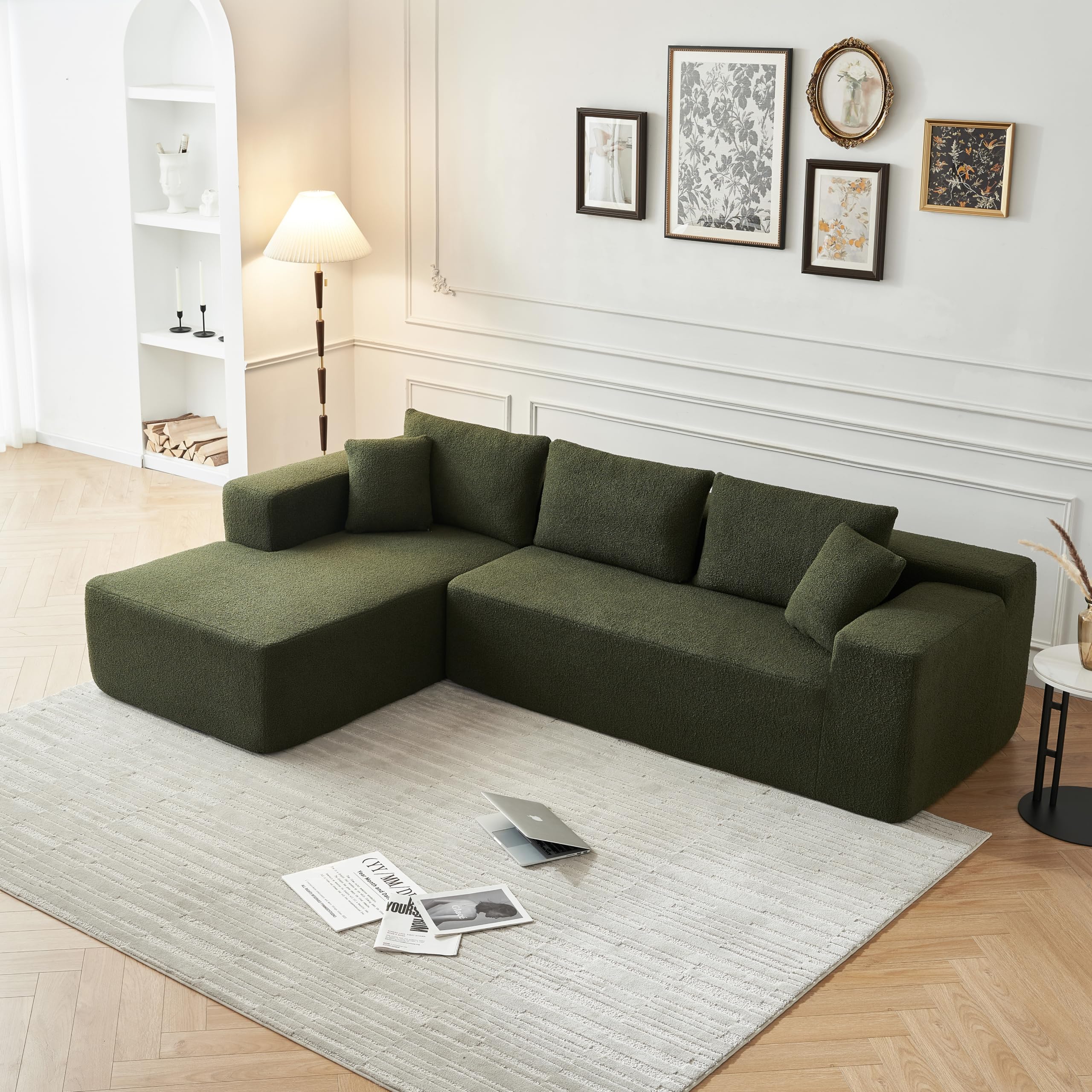 LyuHome 104.33'' Sponge Sectional Sofa Couch Floor Sofa Couch with Chaise Lounge for Living Room, Modern High Density Sponge L-Shape Sofa Couch with Spring for Small Space, Lamb Sherpa Fabric, Green