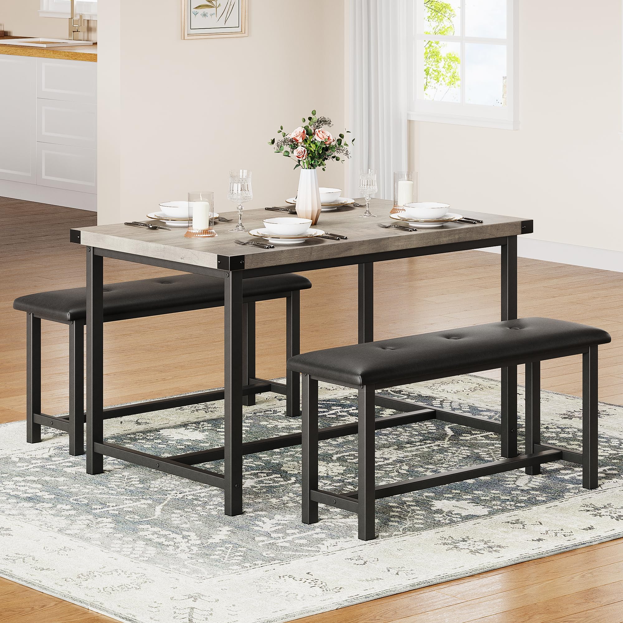 IDEALHOUSE Dining Table Set for 4, Kitchen Table with Upholstered Bench, Rectangular Dining Room Table Set with 2 Benches, 3 Piece Kitchen Table Set for Small Space, Apartment, Studio, Rustic Grey