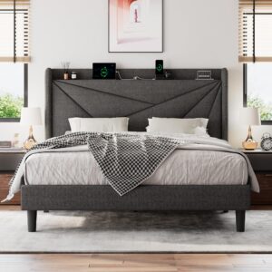 Einhomn Full Size Upholstered Bed Frame with Charging Station, Platform Bed Frame with Storage Headboard, Solid Wood Slats Support, No Box Spring Needed, Dark Gray