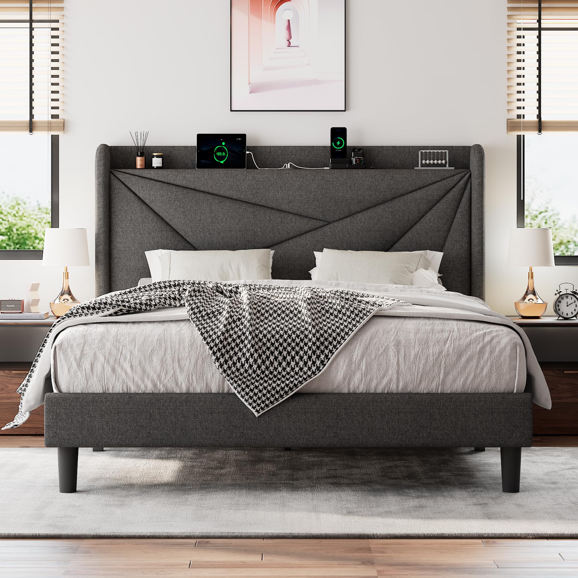 Einhomn Full Size Upholstered Bed Frame with Charging Station, Platform Bed Frame with Storage Headboard, Solid Wood Slats Support, No Box Spring Needed, Dark Gray