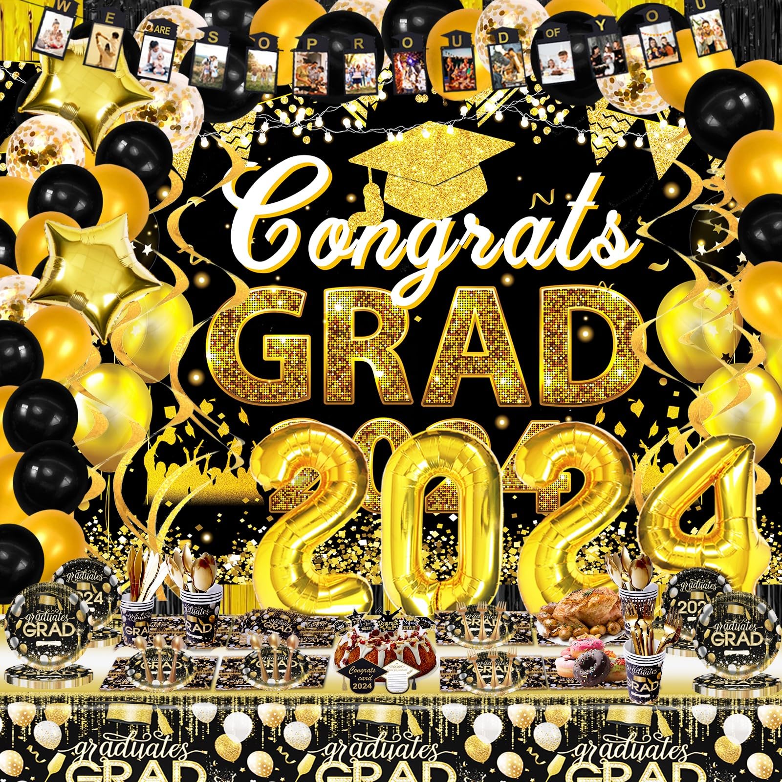 231PCS Graduation Decorations Class Of 2024, 2024 Graduation Party Decorations for High School College With Backdrop balloons Paper Plate Cup Napkin Cutlery Tablecloth Balloon Garland (Black and Gold)