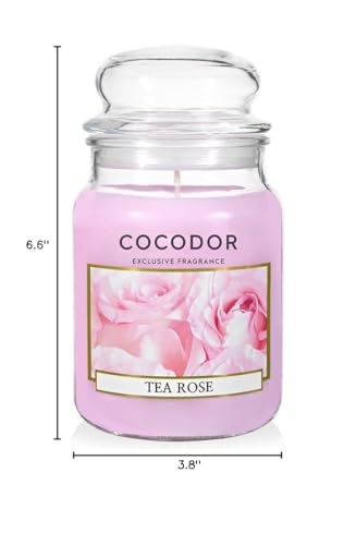 COCODOR Candle Tea Rose Scented, Large Glass Jar 18oz Wick Candle, 110 Hours of Burn Time