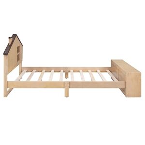 FAVSH Full Size House Platform Bed with LED Lights and Storage,Wood Kids Bed Frame w/House-Shaped Headboard and Slats Support, No Box Spring Needed,Natural