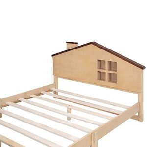 FAVSH Full Size House Platform Bed with LED Lights and Storage,Wood Kids Bed Frame w/House-Shaped Headboard and Slats Support, No Box Spring Needed,Natural