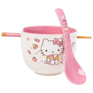 silver buffalo sanrio hello kitty apples and cinnamon ceramic ramen noodle rice bowl with chopsticks and spoon, microwave safe, 20 ounces