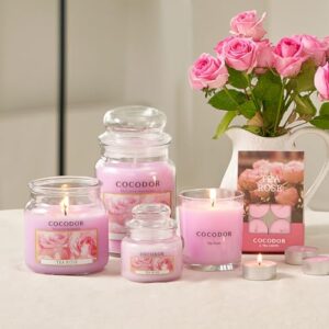 COCODOR Candle Tea Rose Scented, Large Glass Jar 18oz Wick Candle, 110 Hours of Burn Time