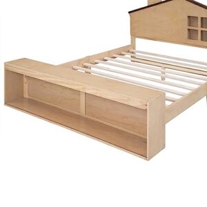 FAVSH Full Size House Platform Bed with LED Lights and Storage,Wood Kids Bed Frame w/House-Shaped Headboard and Slats Support, No Box Spring Needed,Natural