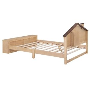 FAVSH Full Size House Platform Bed with LED Lights and Storage,Wood Kids Bed Frame w/House-Shaped Headboard and Slats Support, No Box Spring Needed,Natural