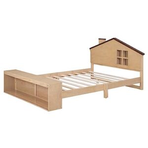 FAVSH Full Size House Platform Bed with LED Lights and Storage,Wood Kids Bed Frame w/House-Shaped Headboard and Slats Support, No Box Spring Needed,Natural