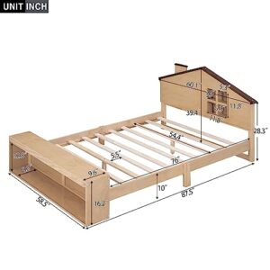 FAVSH Full Size House Platform Bed with LED Lights and Storage,Wood Kids Bed Frame w/House-Shaped Headboard and Slats Support, No Box Spring Needed,Natural