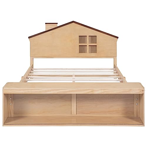 FAVSH Full Size House Platform Bed with LED Lights and Storage,Wood Kids Bed Frame w/House-Shaped Headboard and Slats Support, No Box Spring Needed,Natural