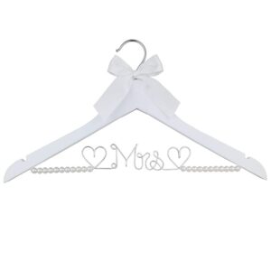 Bridal Dress Hanger Solid Wood Dress Hangers Mrs Letter Hanger Wedding Gift (White Coat Hanger Silver Thread Pearl)