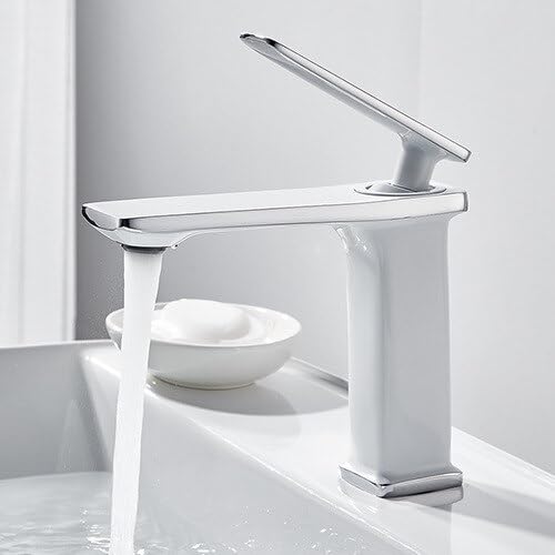 JCAKES Brass Black Gold Basin Faucet Bathroom Sink Faucets Hot Cold Water Mixer Crane Deck Mounted Single Handle Hole Bath Kitchen Tap (Color : White and Chrome)