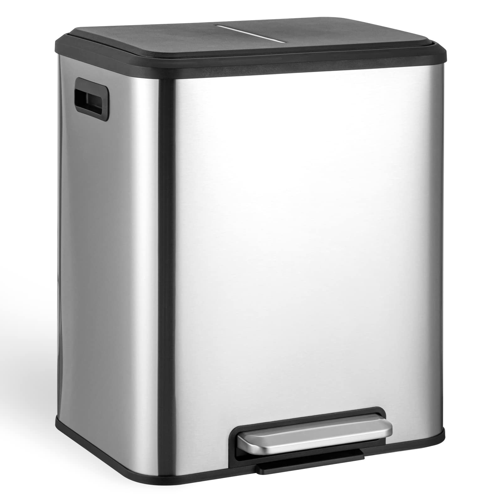 WELYFE 30 L/8 Gallon Trash Can, Rectangular Dual Compartment Recycling Step Bin, Stainless Steel Kitchen Trash Can, Removable Inner Box, Suitable for Kitchen, Office - Silver