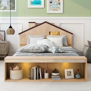 FAVSH Full Size House Platform Bed with LED Lights and Storage,Wood Kids Bed Frame w/House-Shaped Headboard and Slats Support, No Box Spring Needed,Natural