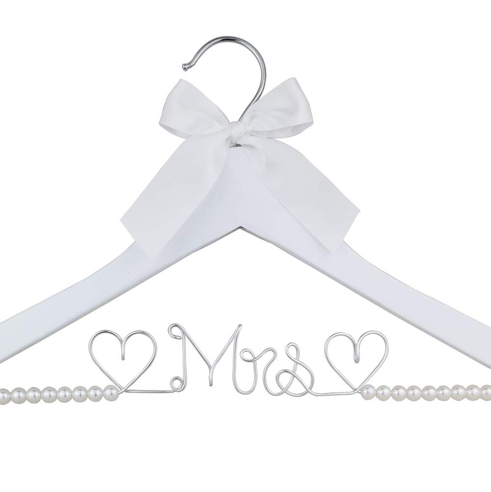 Bridal Dress Hanger Solid Wood Dress Hangers Mrs Letter Hanger Wedding Gift (White Coat Hanger Silver Thread Pearl)