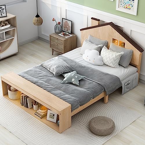 FAVSH Full Size House Platform Bed with LED Lights and Storage,Wood Kids Bed Frame w/House-Shaped Headboard and Slats Support, No Box Spring Needed,Natural