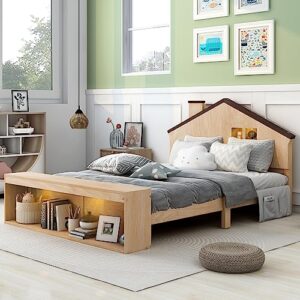 FAVSH Full Size House Platform Bed with LED Lights and Storage,Wood Kids Bed Frame w/House-Shaped Headboard and Slats Support, No Box Spring Needed,Natural