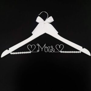 Bridal Dress Hanger Solid Wood Dress Hangers Mrs Letter Hanger Wedding Gift (White Coat Hanger Silver Thread Pearl)